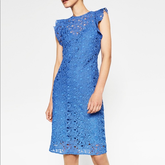 Zara Sz Small  Blue Lace Appliqué Dress - Picture 3 of 5